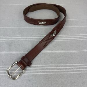 Brighton Woven Leather Belt Fly Fishing Silver Tone Hardware Cognac Brown 36